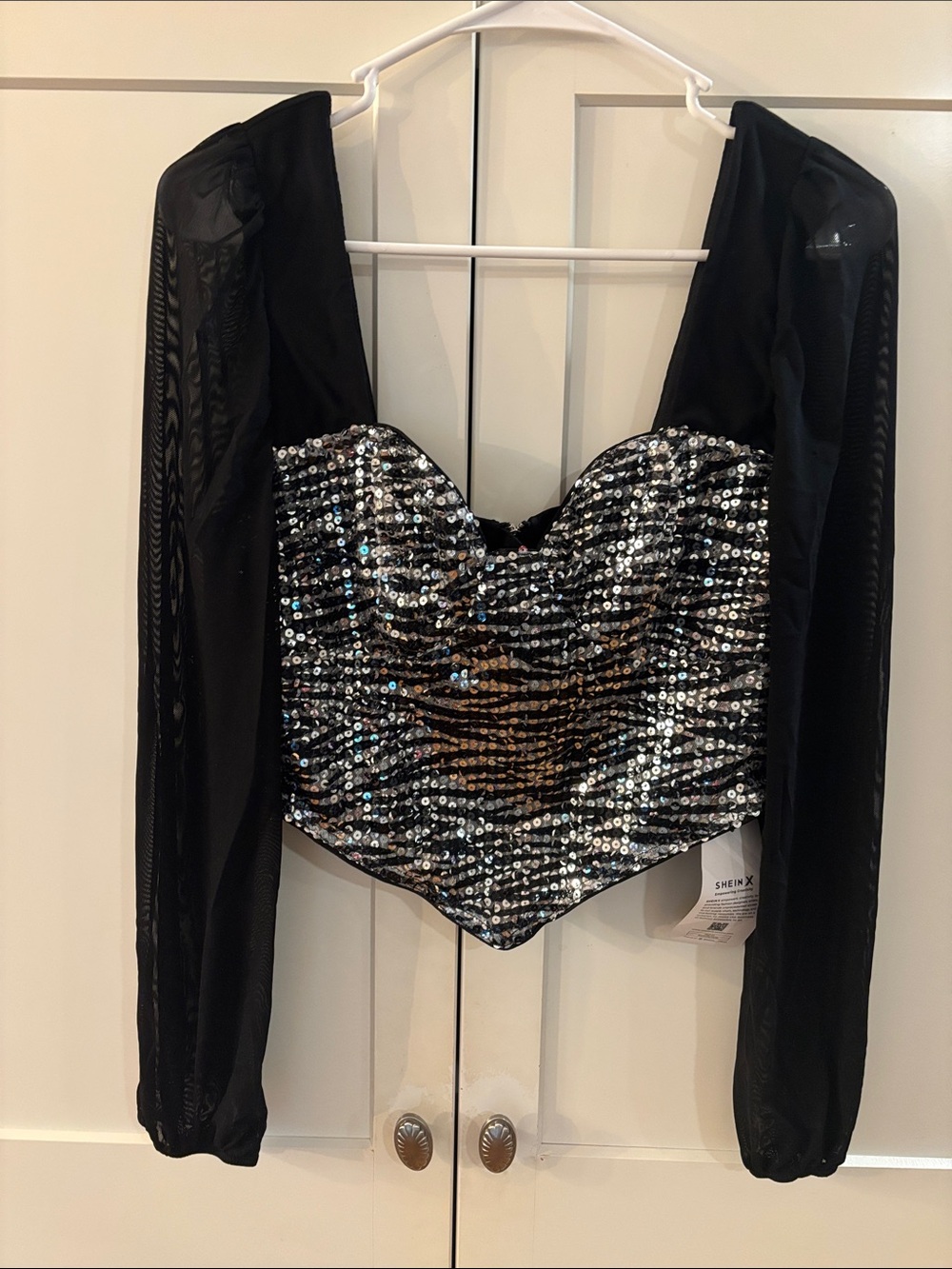 SHEIN Black Sequin Heart Corset Crop Top with Mesh Sleeves